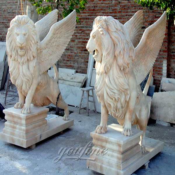 Winged white natural marble lion statue for sales