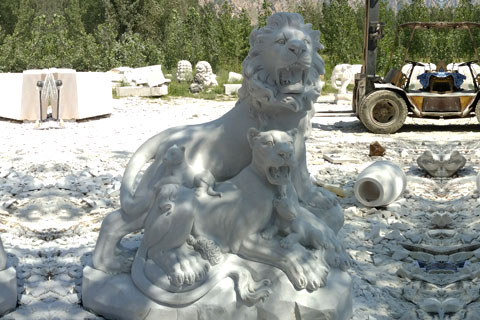 Outdoor white roaring lion statues with wolf statues for front porch
