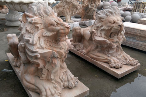 Roaring lions statues pair for front porch