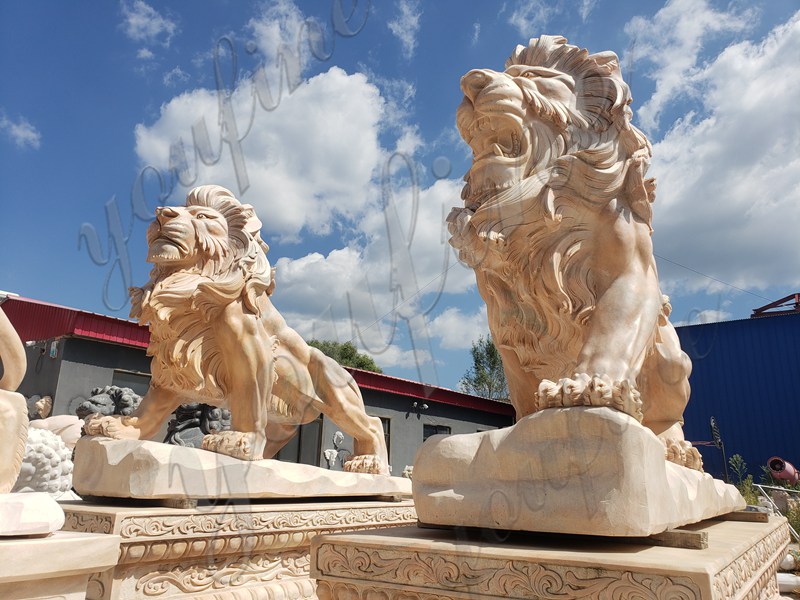 Sunset Red Marble Lion Statues Details