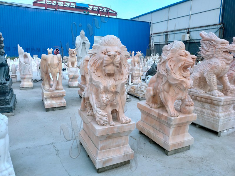 Sunset Red Marble Lion Statues Details
