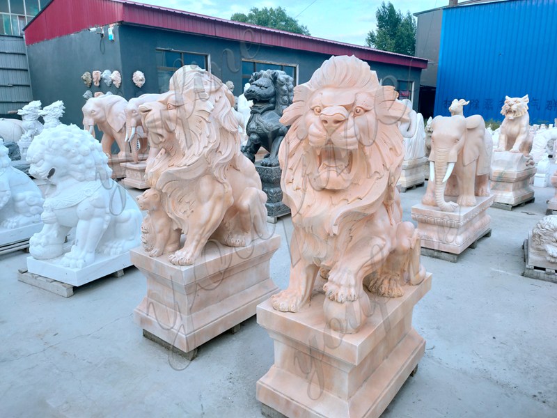 Sunset Red Marble Lion Statues Details